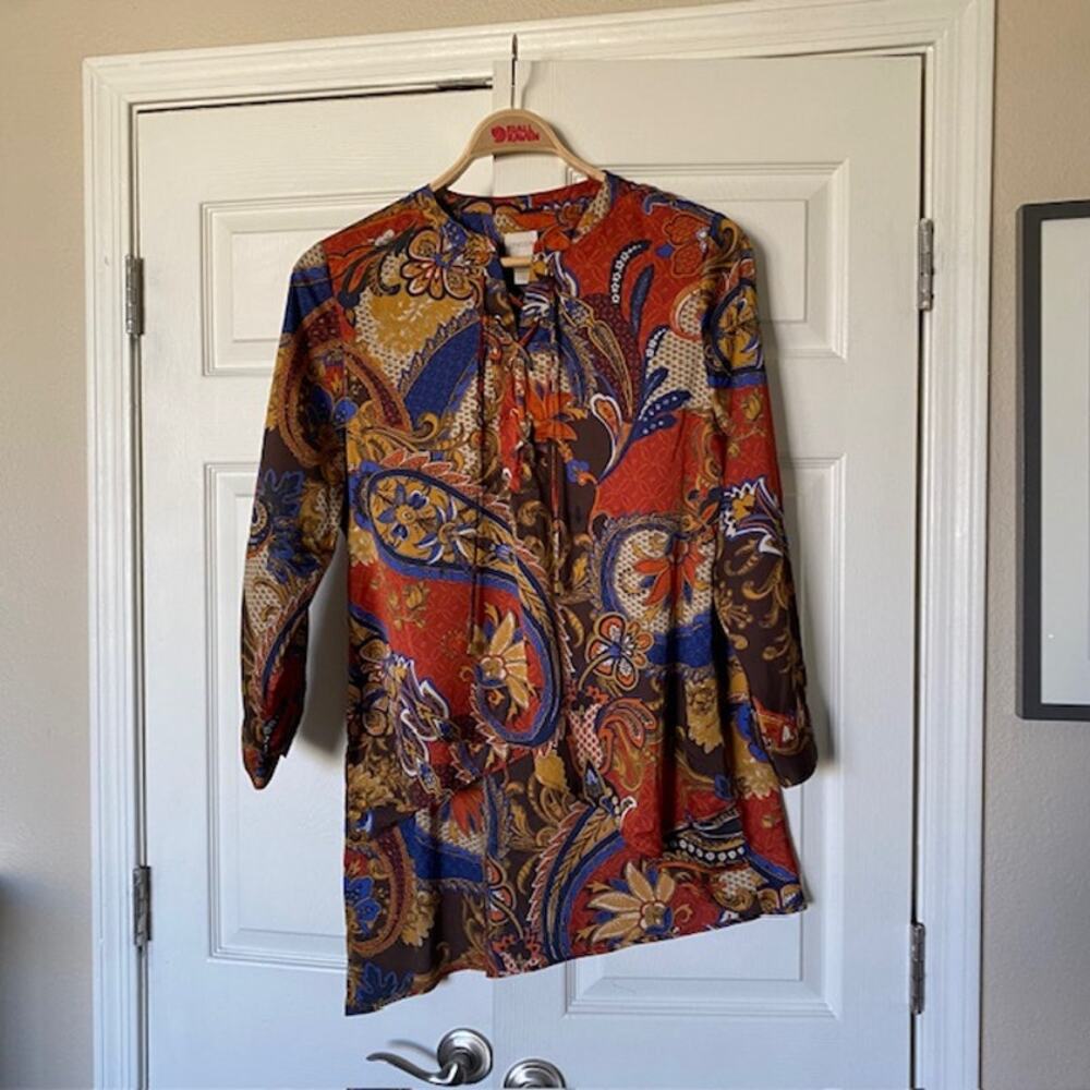 Chico's 2 Tunic Long Sleeve Paisley Lace Up Asymmetrical Hem‎ Women Large Petite